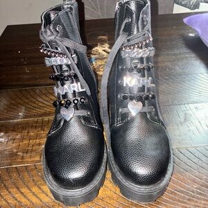 Karl Lagerfeld Black Leather Combat Boots with Logo Charms